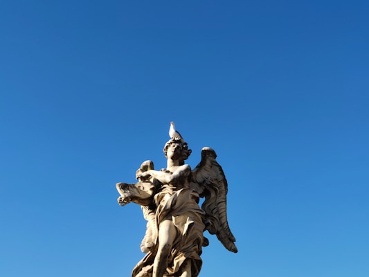 A classical stone statue of an angel stands prominently against a clear blue sky. Atop the angel's head, a white bird is perched, adding an element of whimsy to the scene. The angel's wings are intricately detailed, and the sunlight casts distinct shadows across the statue's surface.