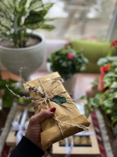 Close-up of hands holding a package ready for delivery at a doorstep.