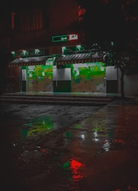 A pharmacy storefront is illuminated against the dark night, with green signage and a striped awning. The wet pavement in front reflects colorful lights, including red and green hues, creating a vivid, almost cinematic appearance. Abstract shapes and signs are visible on the store's glass doors.