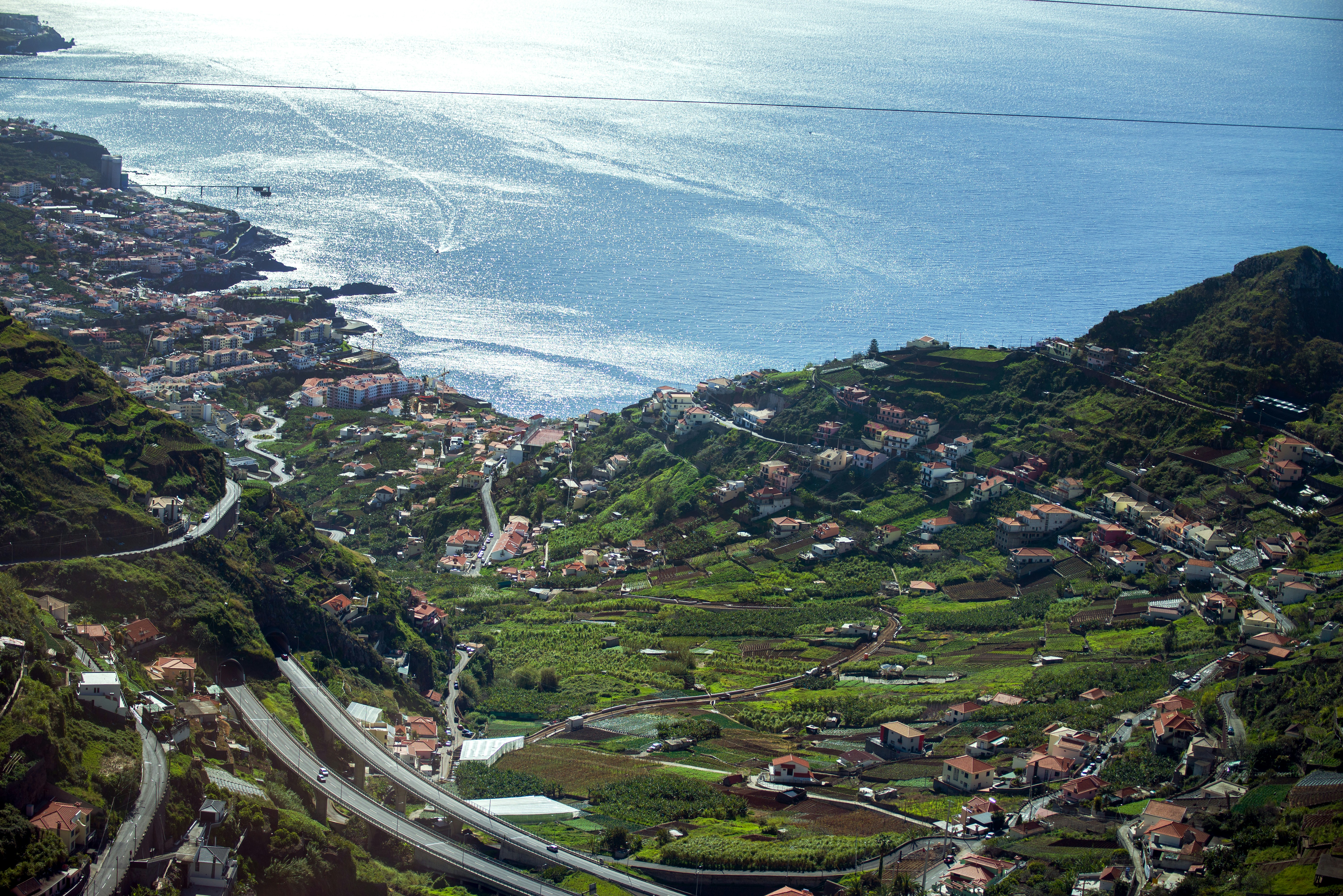 Aerial view of a town on the coast