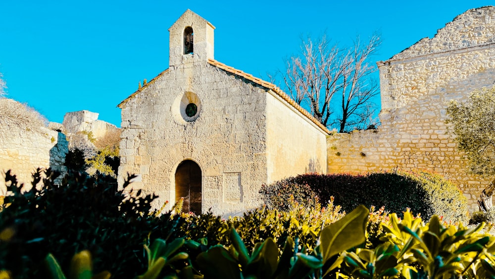 uma igreja antiga com uma torre sineira cercada por vegetação