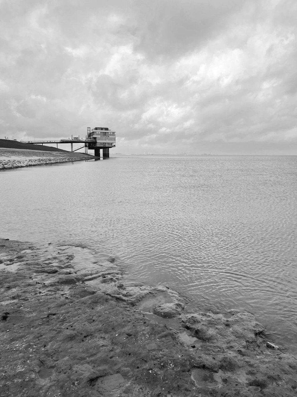 a black and white photo of a bridge over a body of water