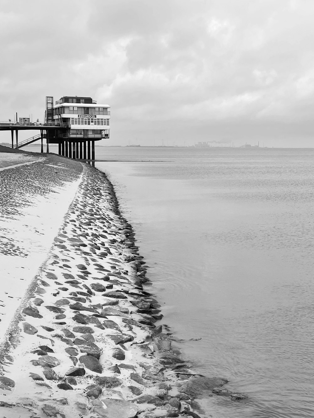 a black and white photo of a beach and a pier