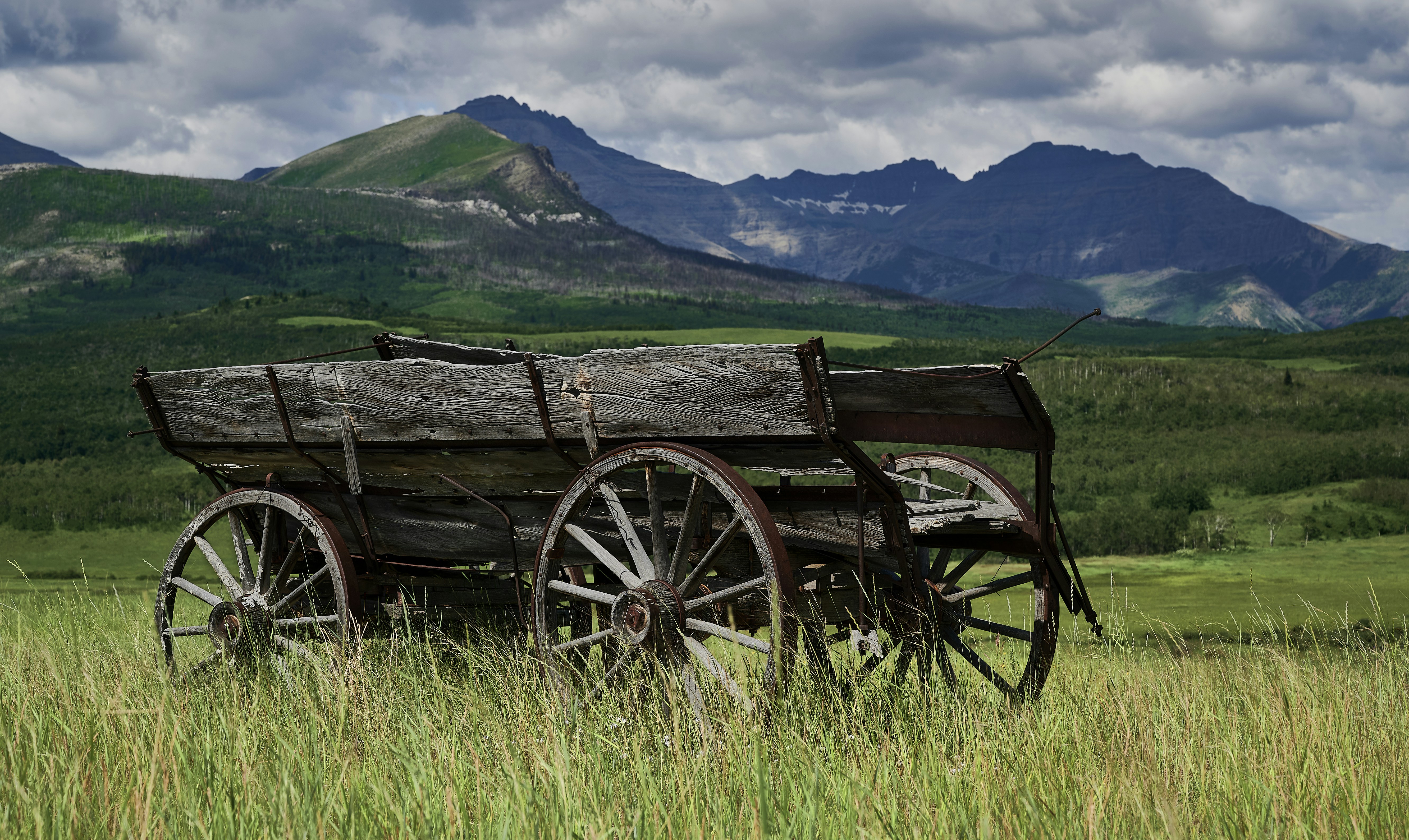 an old wooden wagon in a field with mountains in the background