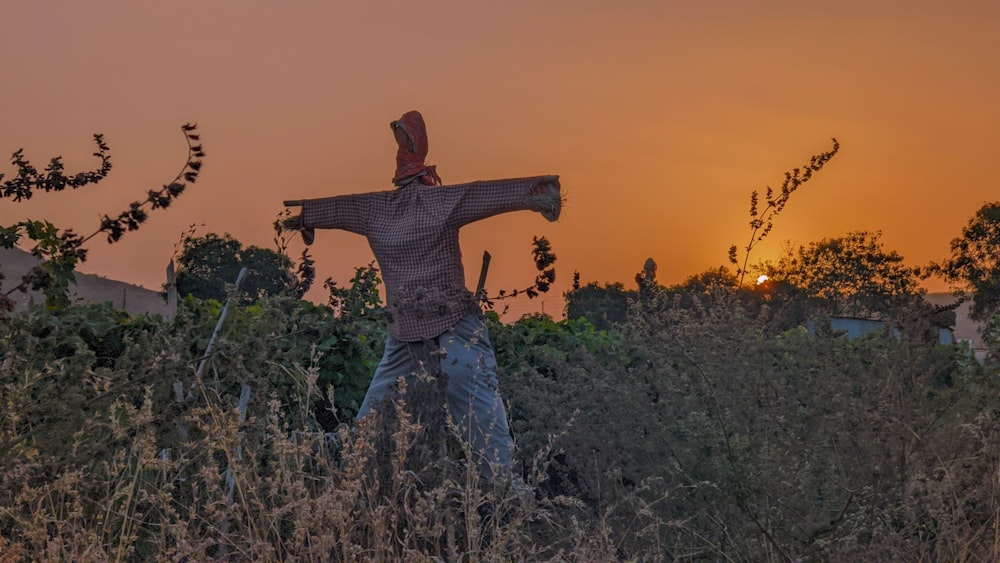 a scarecrow standing in a field at sunset