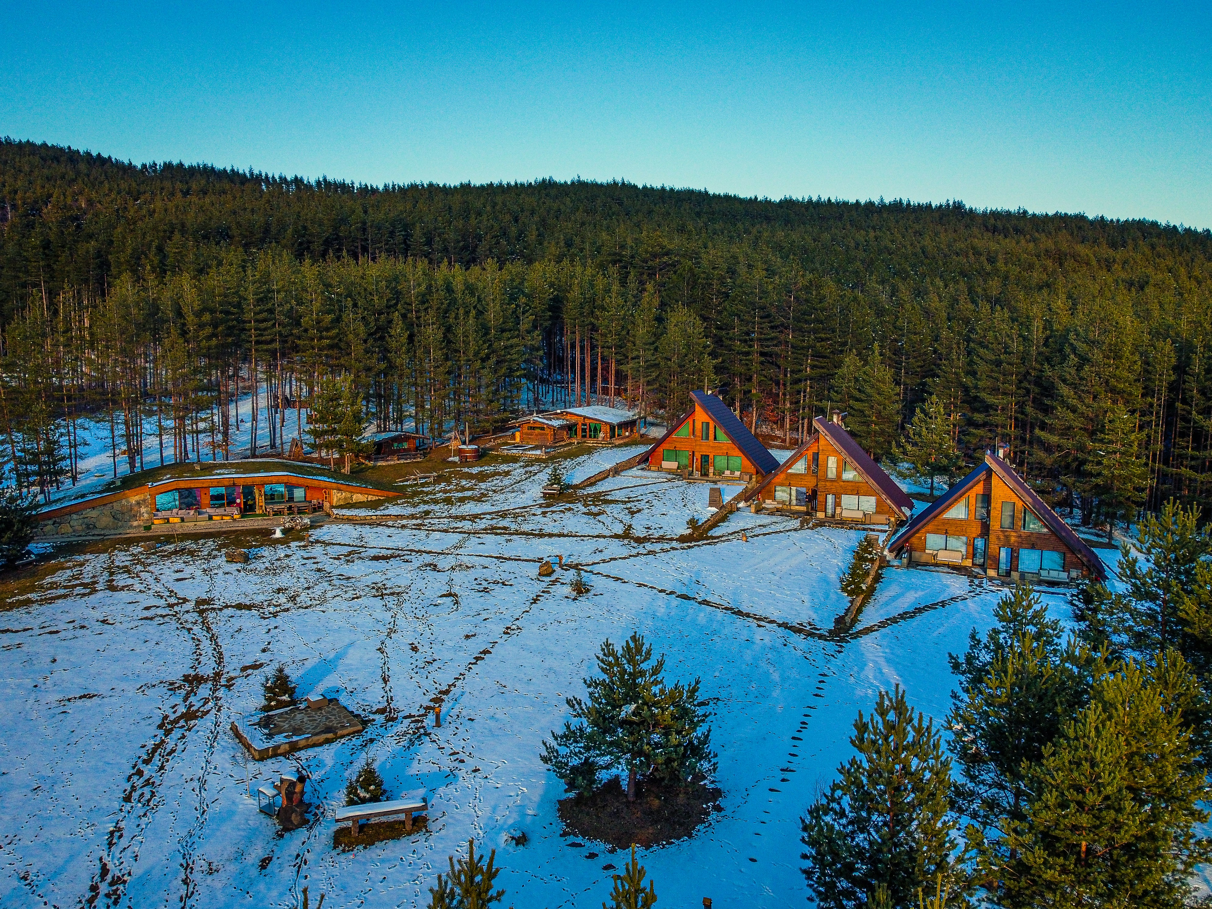an aerial view of a ski lodge surrounded by trees