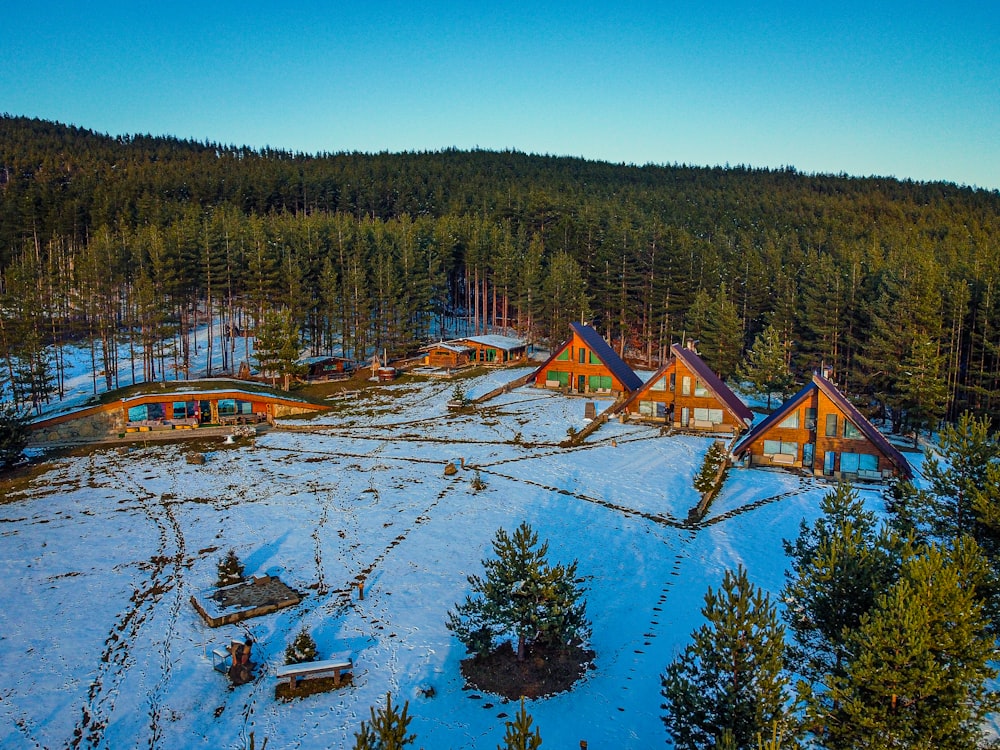 an aerial view of a ski lodge surrounded by trees