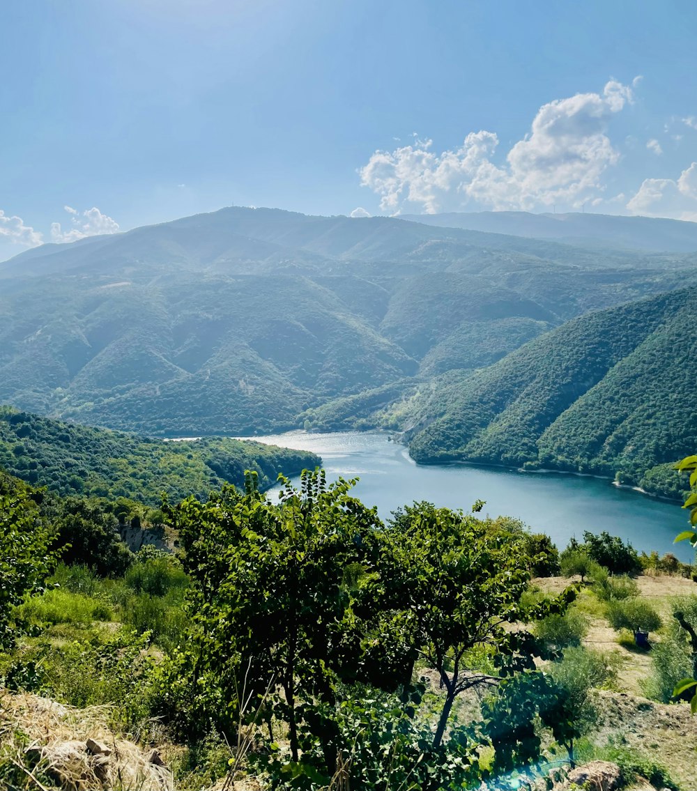 a scenic view of a lake surrounded by mountains