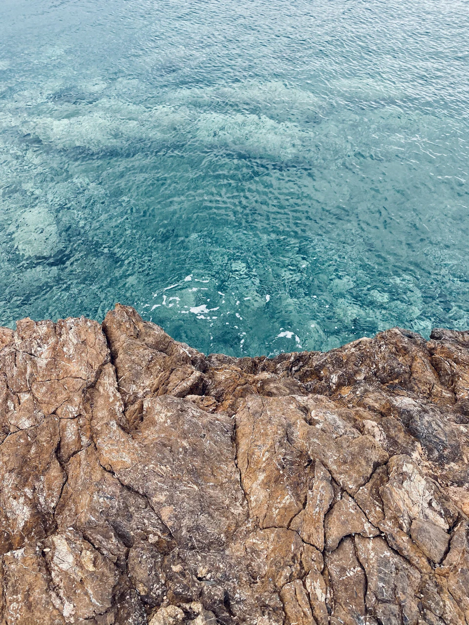 Rocky cliff overlooking ocean with brown and gray rocks and light blue water below