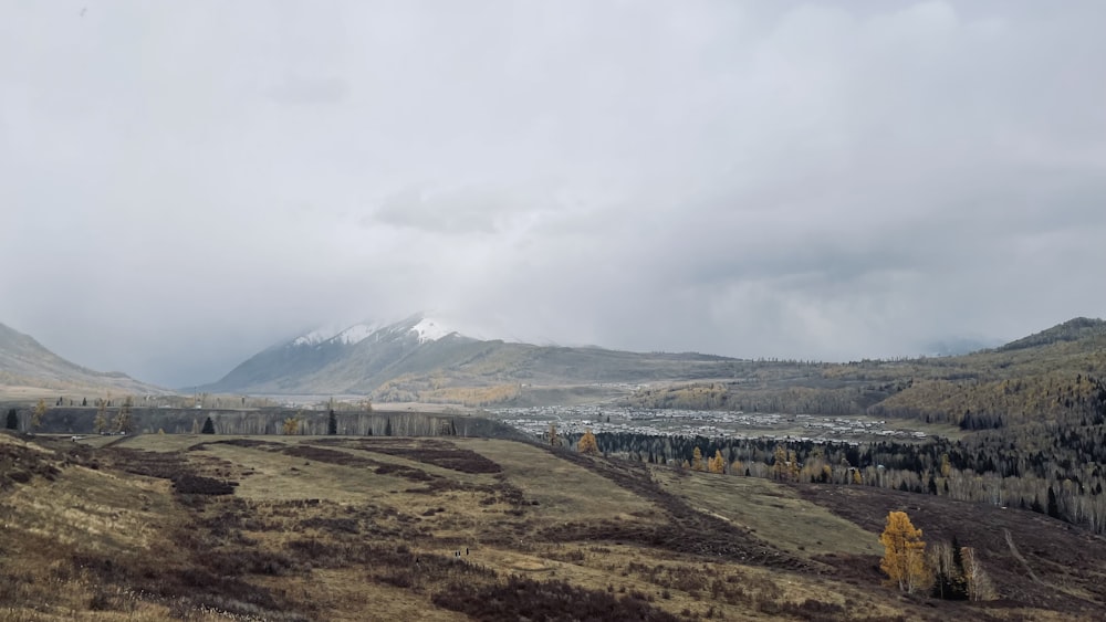 a view of a valley with mountains in the background