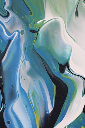 An abstract painting featuring a swirl of colors including blue, green, black, and white, with fluid, wave-like patterns. The colors blend seamlessly with hints of texture created by the flowing design.