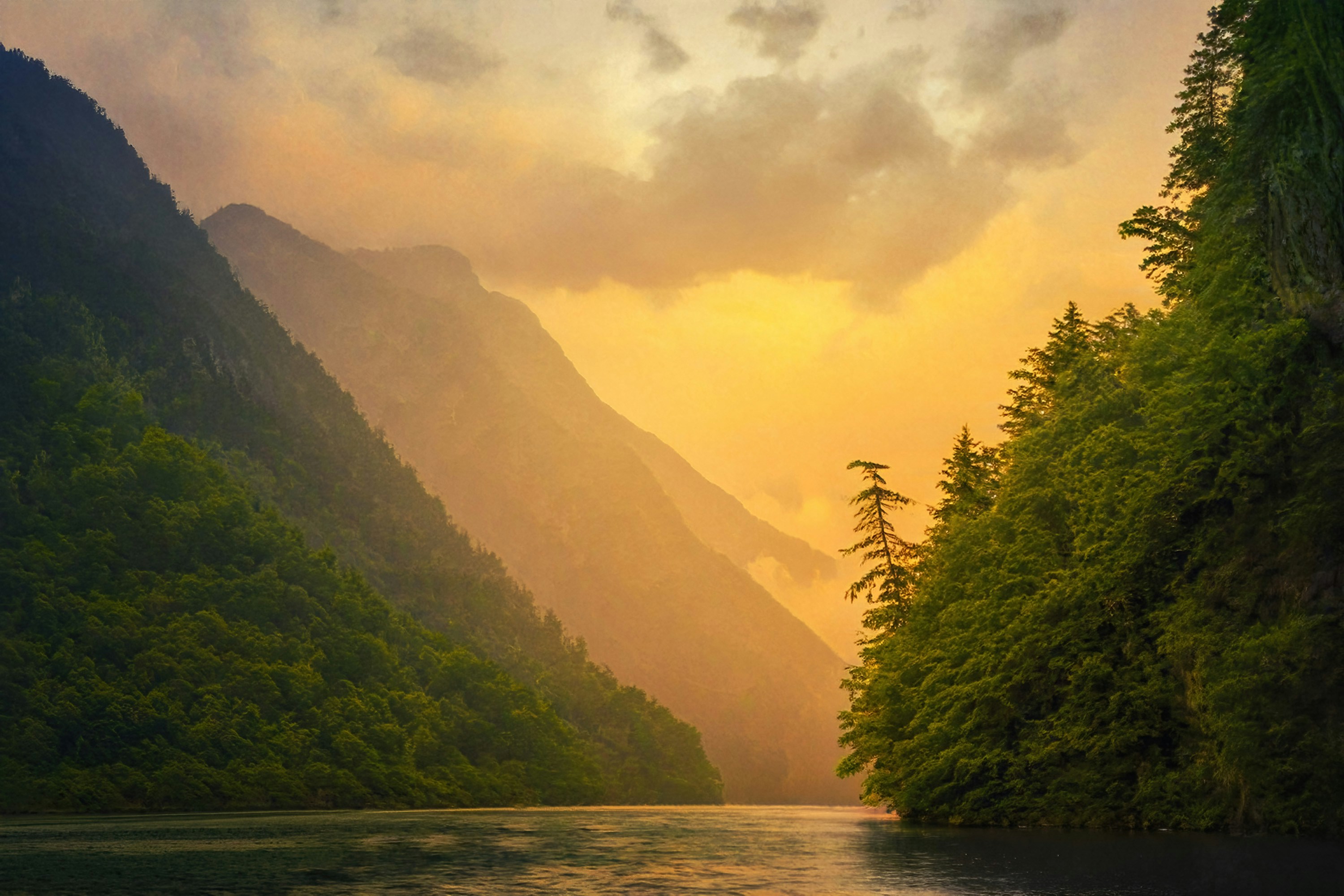 the sun is setting over the mountains and a river