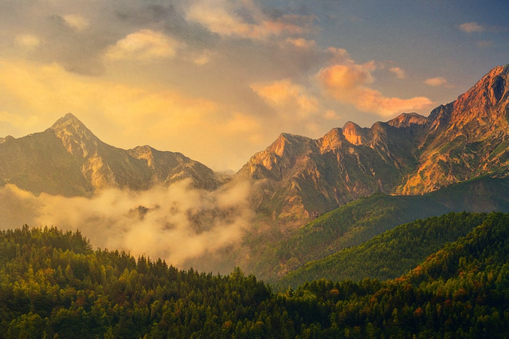 the mountains are covered in clouds and trees