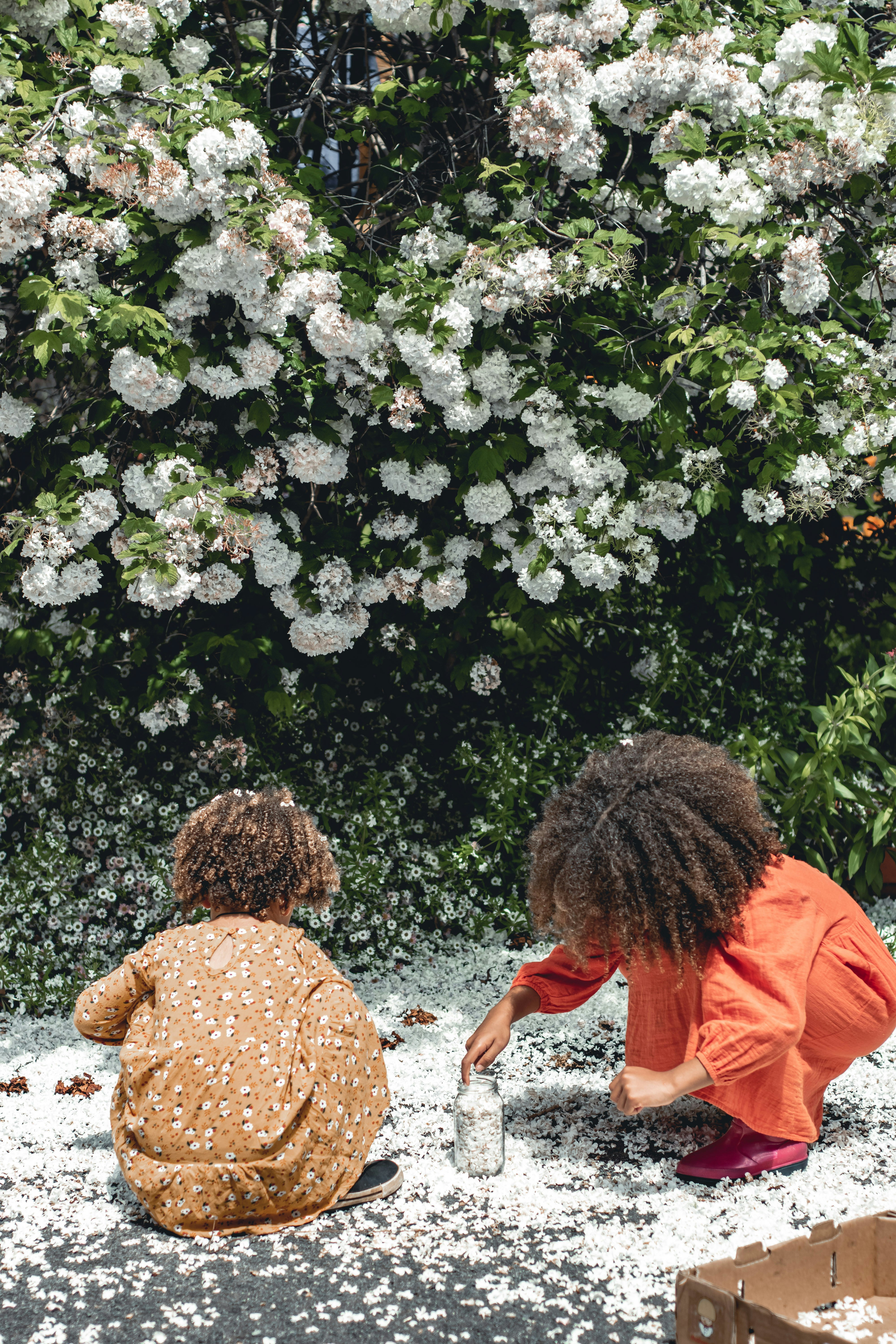 two women sitting on the ground in front of flowers