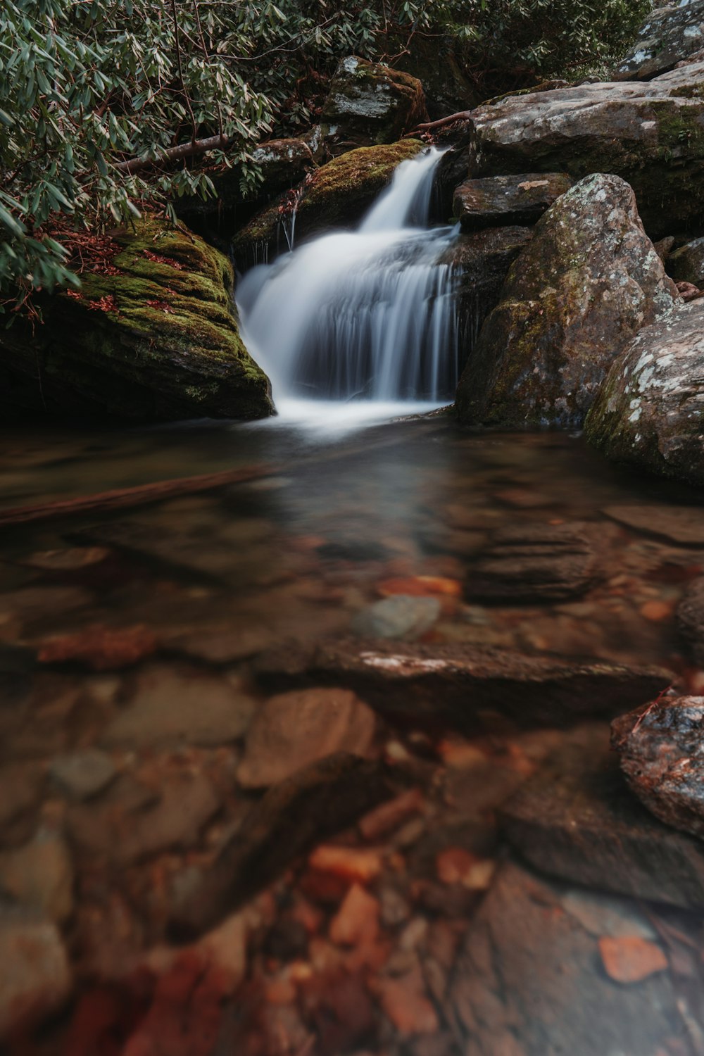 a small waterfall in the middle of a forest