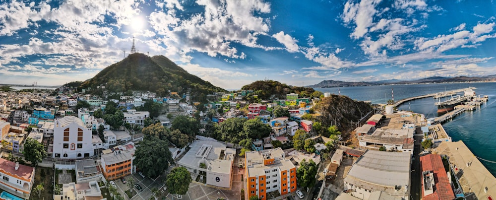 a panoramic view of a city with a mountain in the background