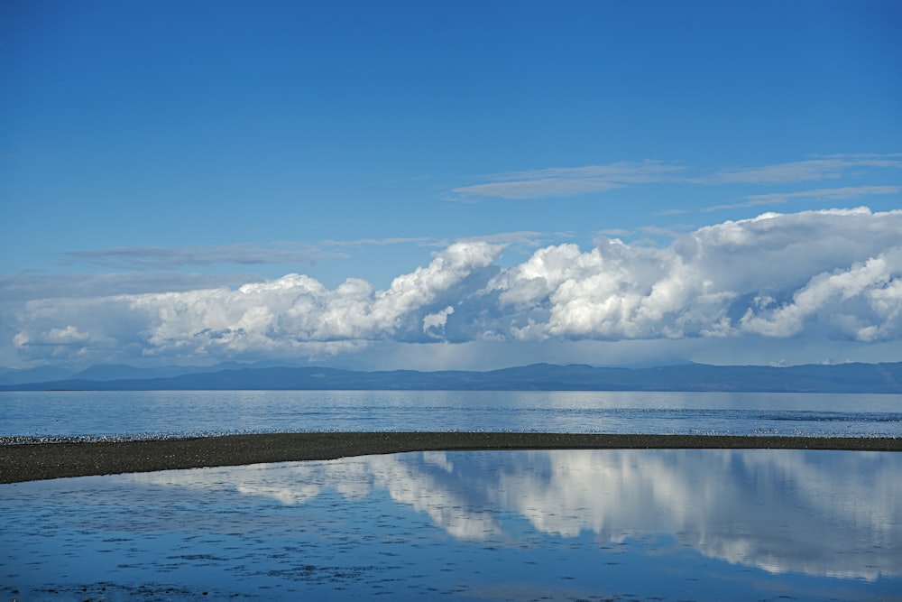 a large body of water sitting under a cloudy blue sky