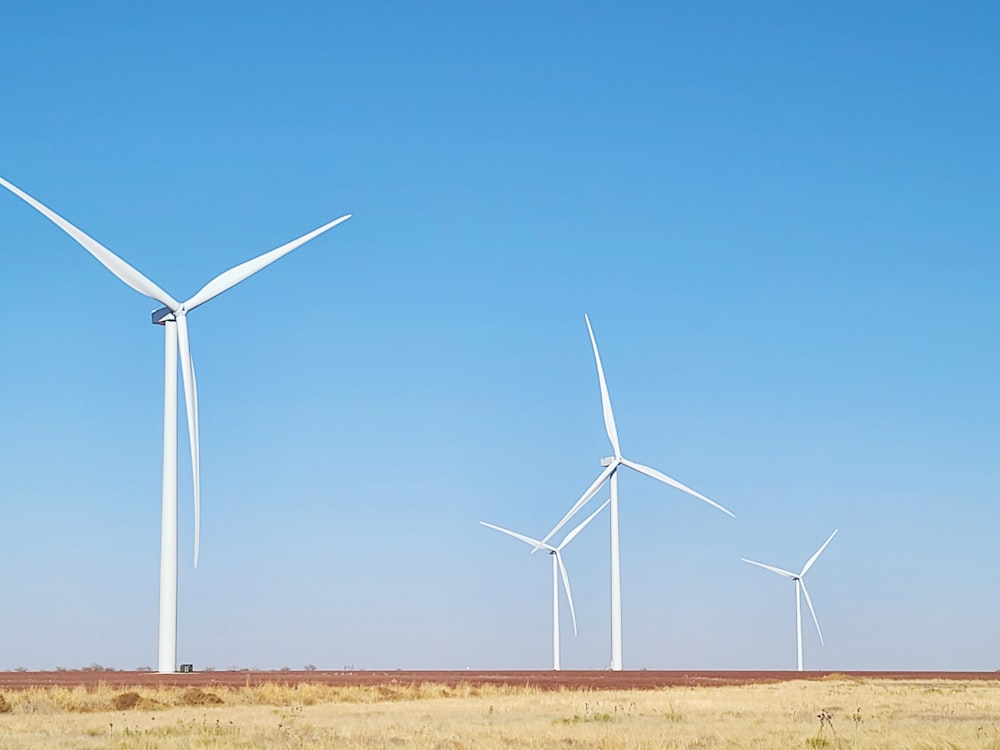 a group of wind turbines in a field