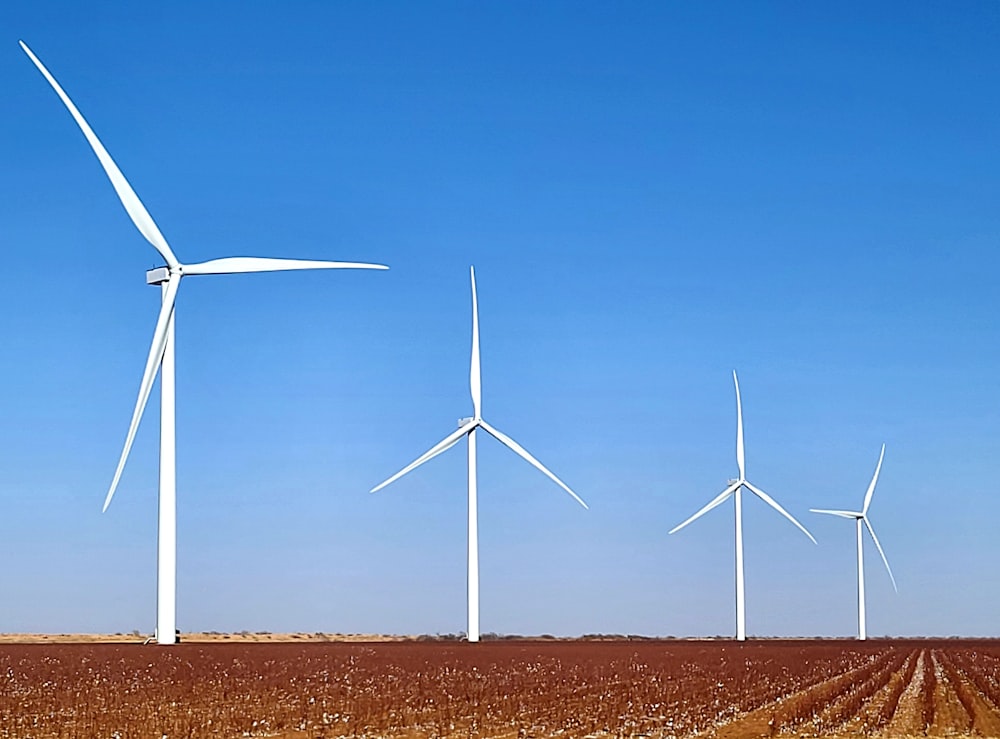 a row of wind turbines in a field