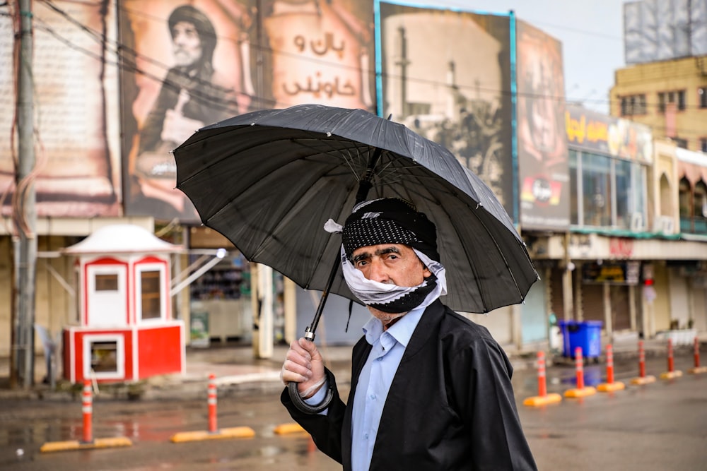 a man holding an umbrella on a city street