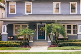 a blue house with palm trees in front of it