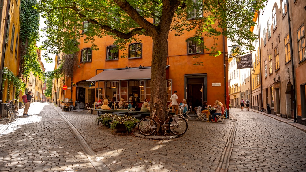 a bike parked next to a tree on a cobblestone street