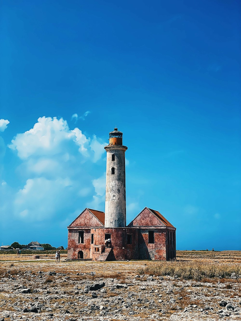 an old lighthouse sits in the middle of a field