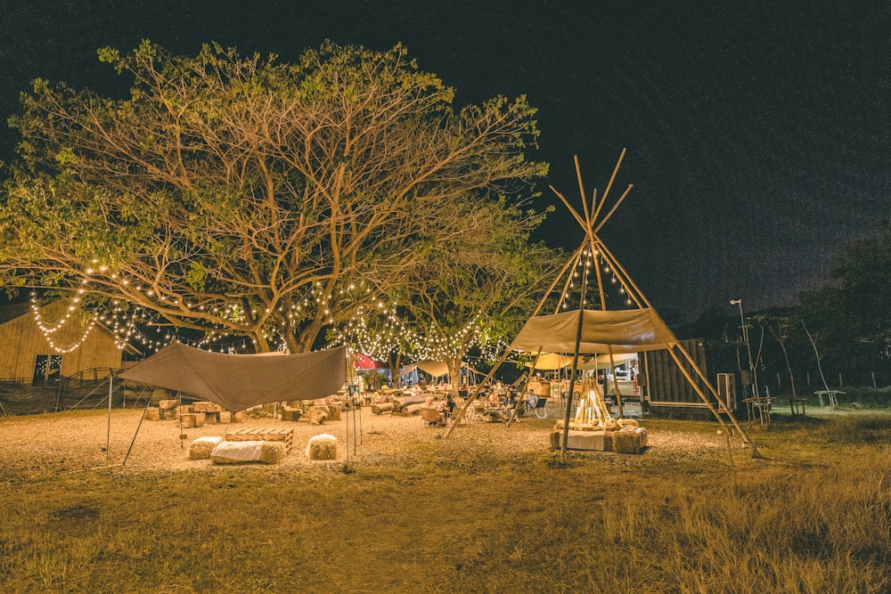 a group of people sitting around a tent at night