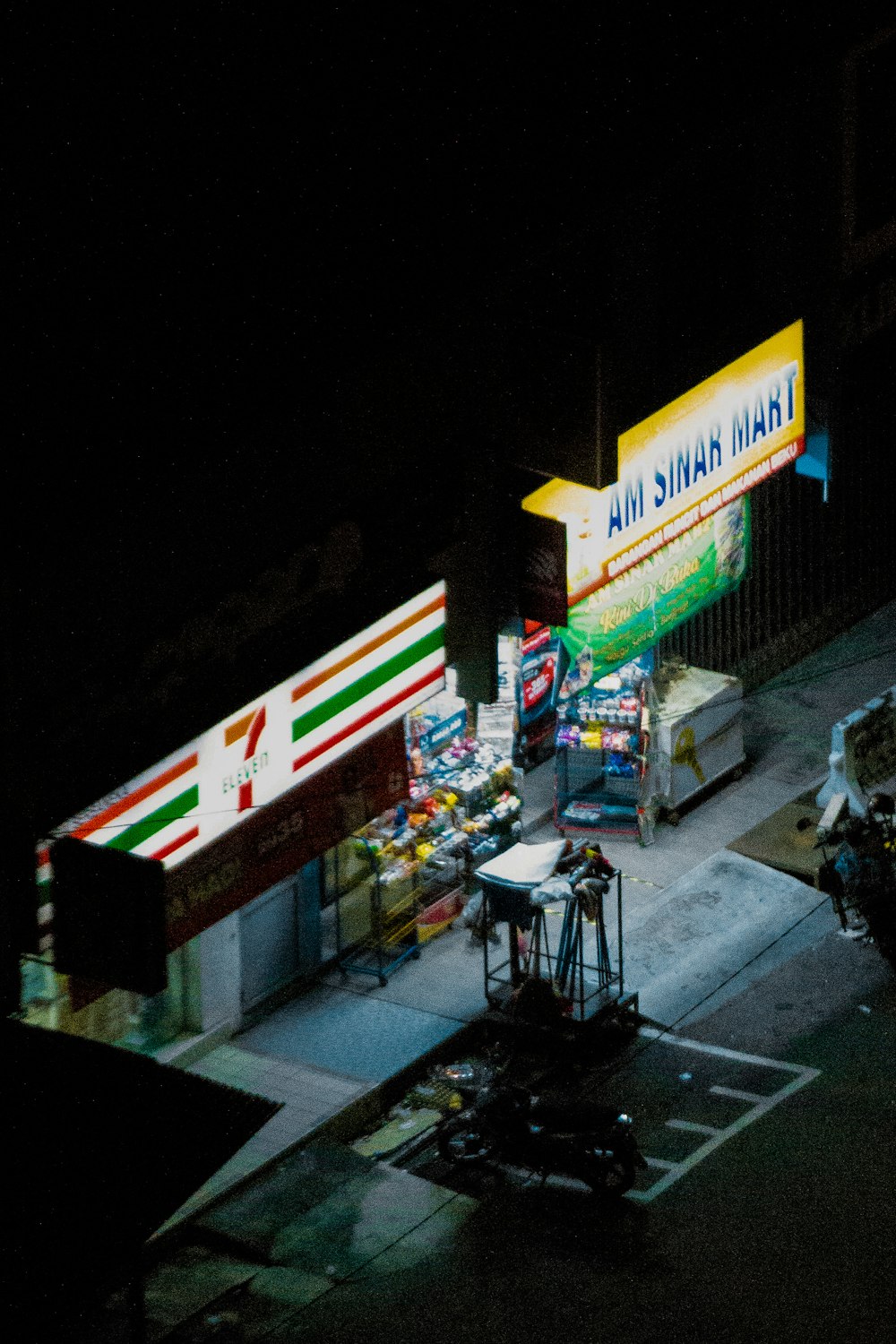 an overhead view of a market at night