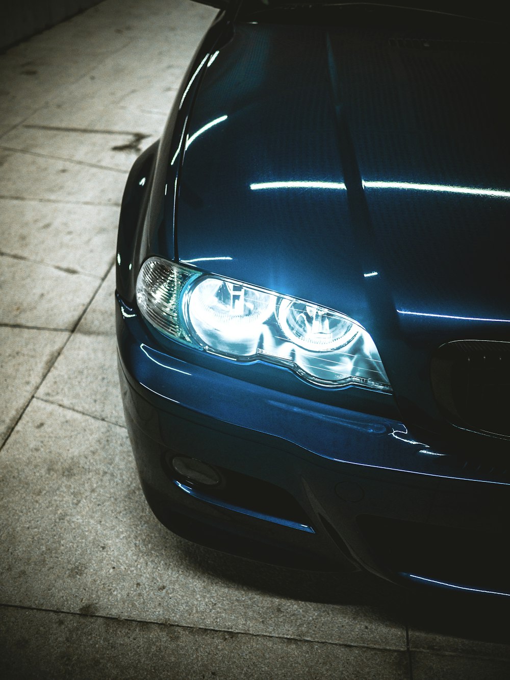 a close up of the headlights of a car