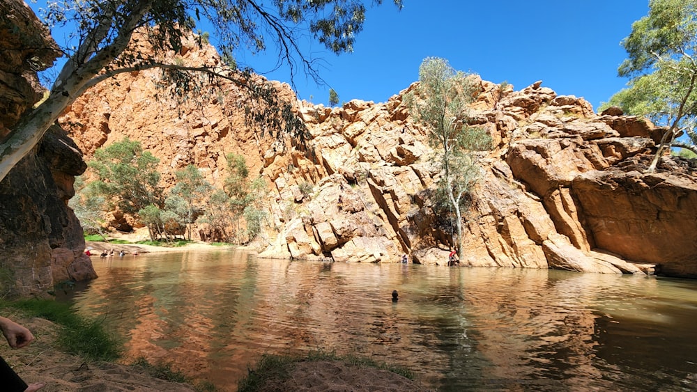 a body of water surrounded by rocks and trees