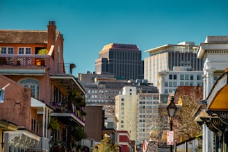 a city street lined with tall buildings