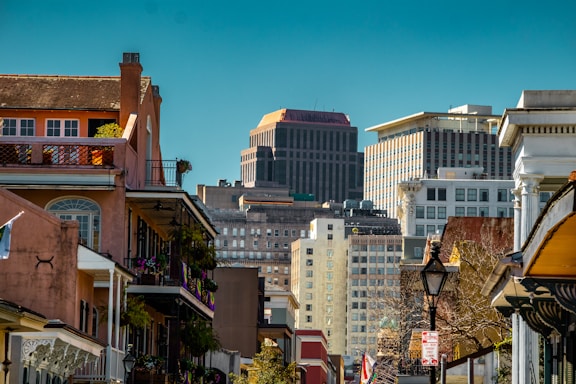 a city street lined with tall buildings