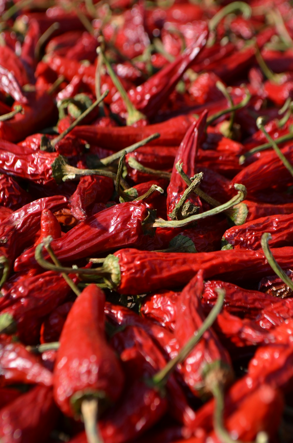 a pile of red peppers sitting on top of a table