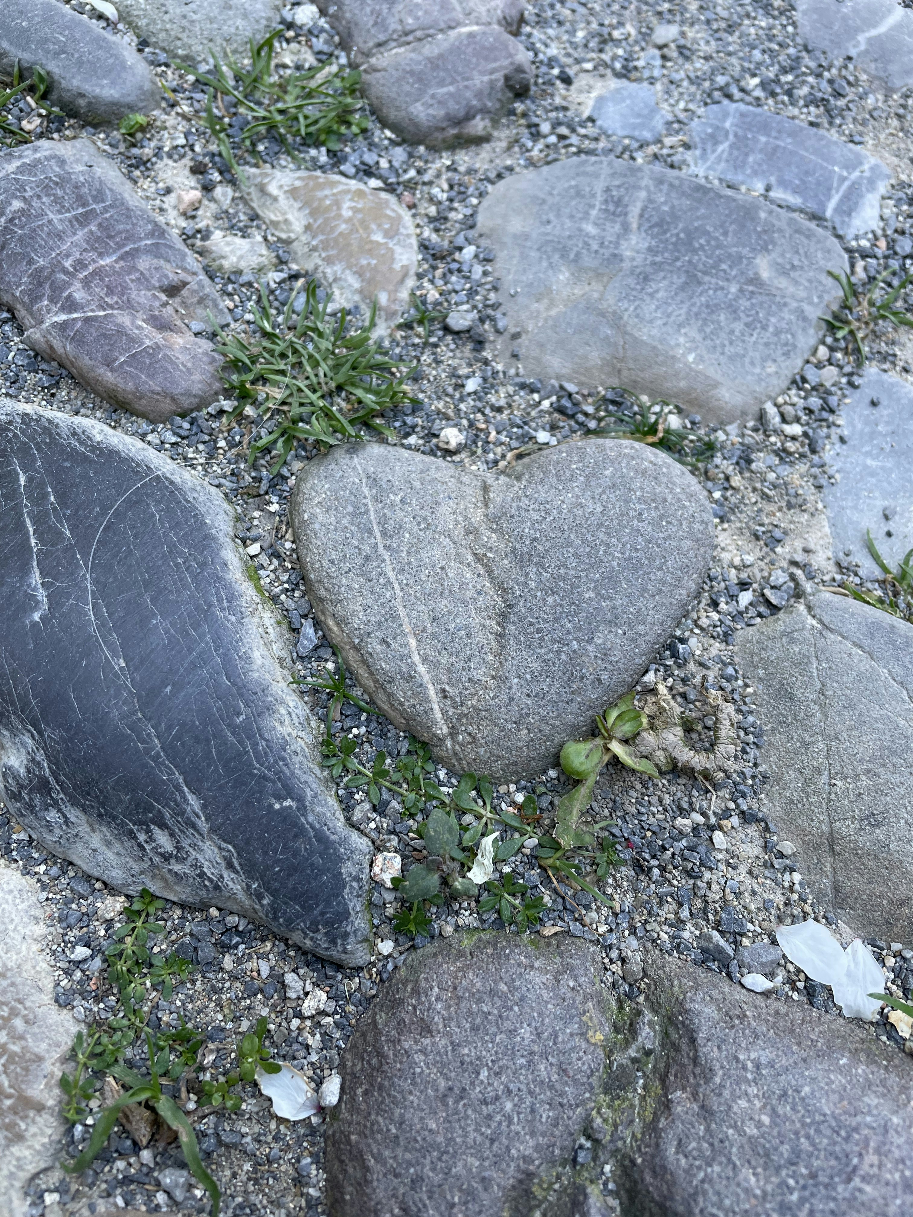a heart shaped rock sitting on top of a gravel field