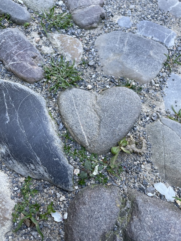 a heart shaped rock sitting on top of a gravel field