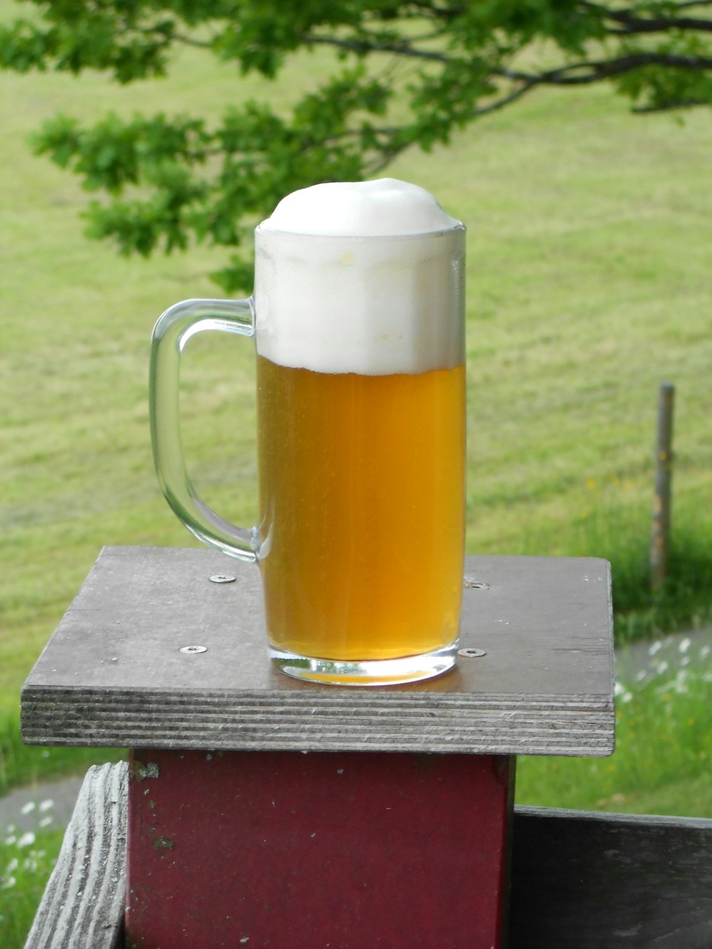 un bicchiere di birra seduto sopra un tavolo di legno