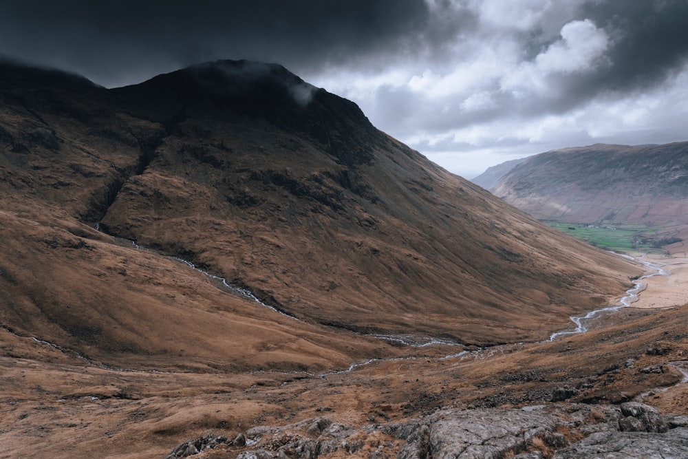 a valley with a river running through it under a cloudy sky