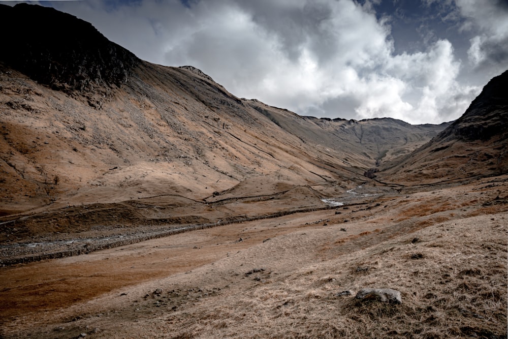 a view of a valley with a mountain in the background