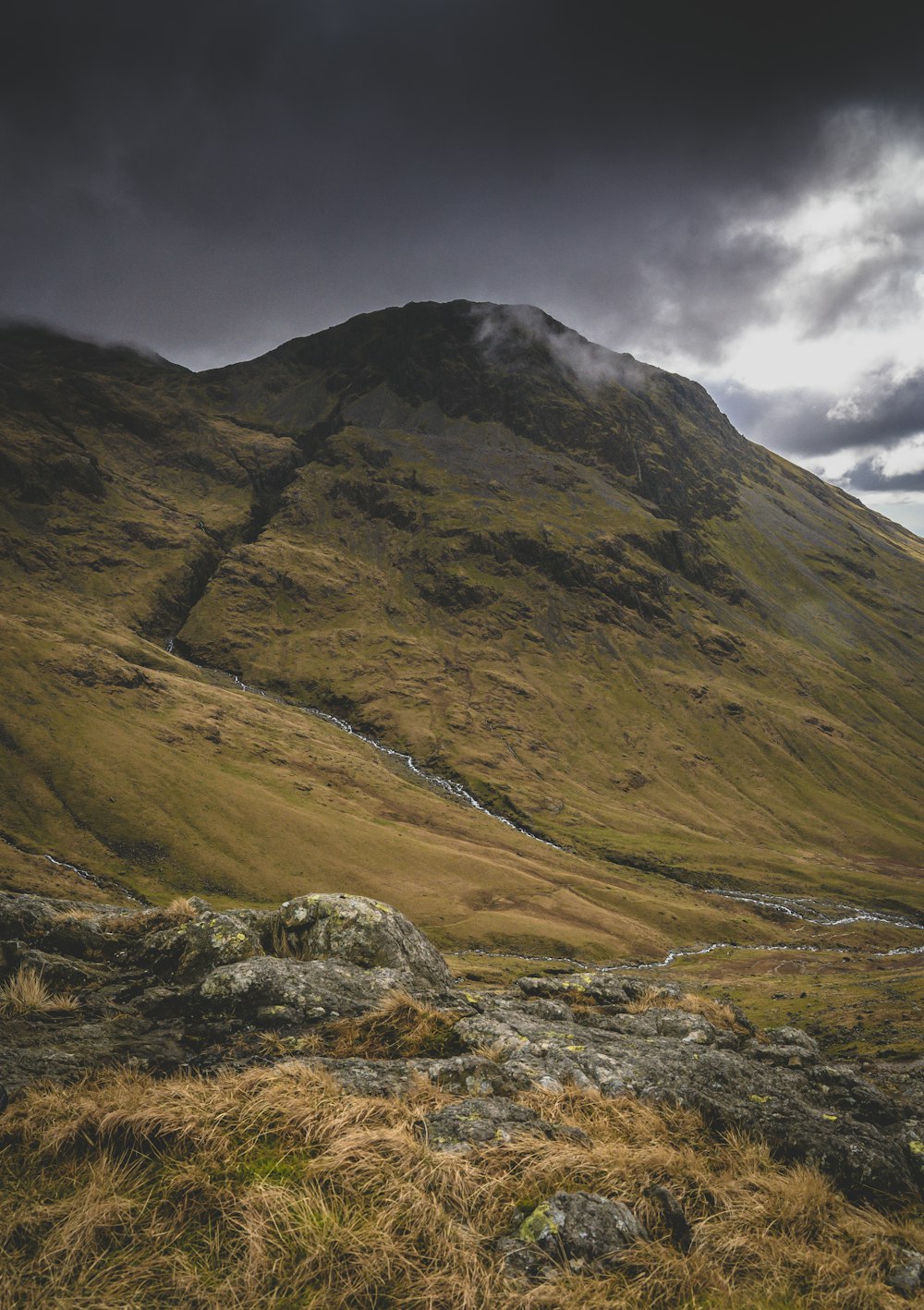 a grassy hill with a stream running through it