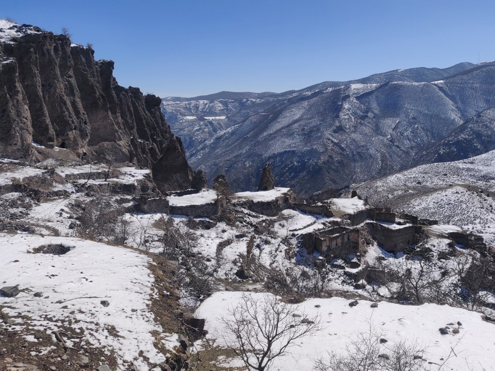 a snowy mountain landscape with mountains in the background