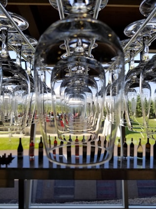 Upside-down wine glasses are neatly arranged in rows, creating a symmetrical and reflective pattern. Behind the glasses, an outdoor scene with lush greenery and a line of wine bottles is visible through large windows.