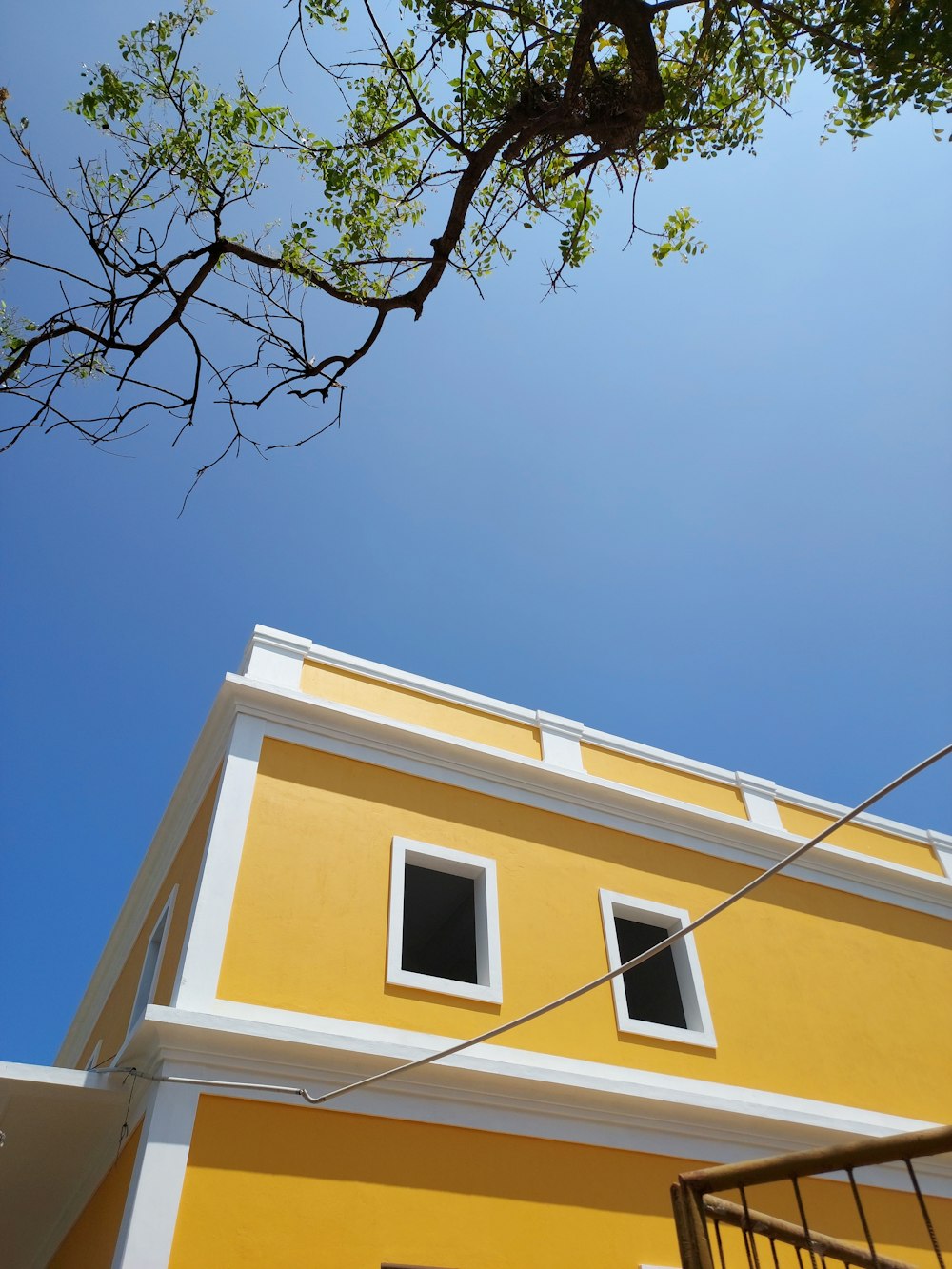 a yellow building with a tree in front of it