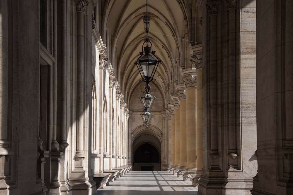 a long hallway with a light hanging from the ceiling