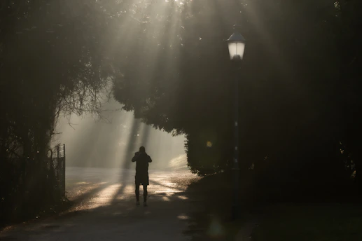 a person walking down a path in the sun