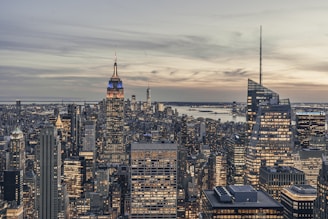 A cityscape featuring numerous skyscrapers with the prominent Empire State Building lit in blue and white. The skyline is under a cloudy sky, with a partial view of a river in the background. The buildings are densely packed, showing a vibrant, urban environment.