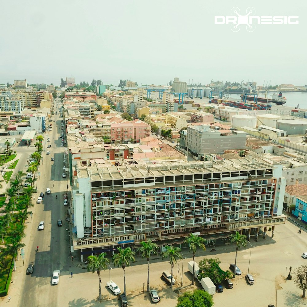 an aerial view of a large building in a city