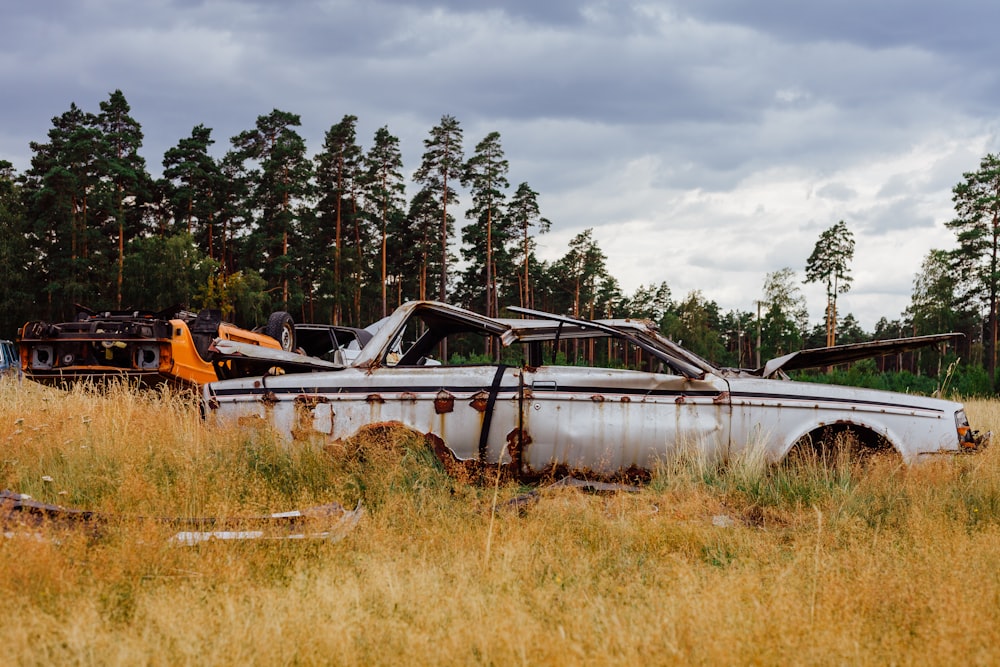 a rusted out car in a field with trees in the background