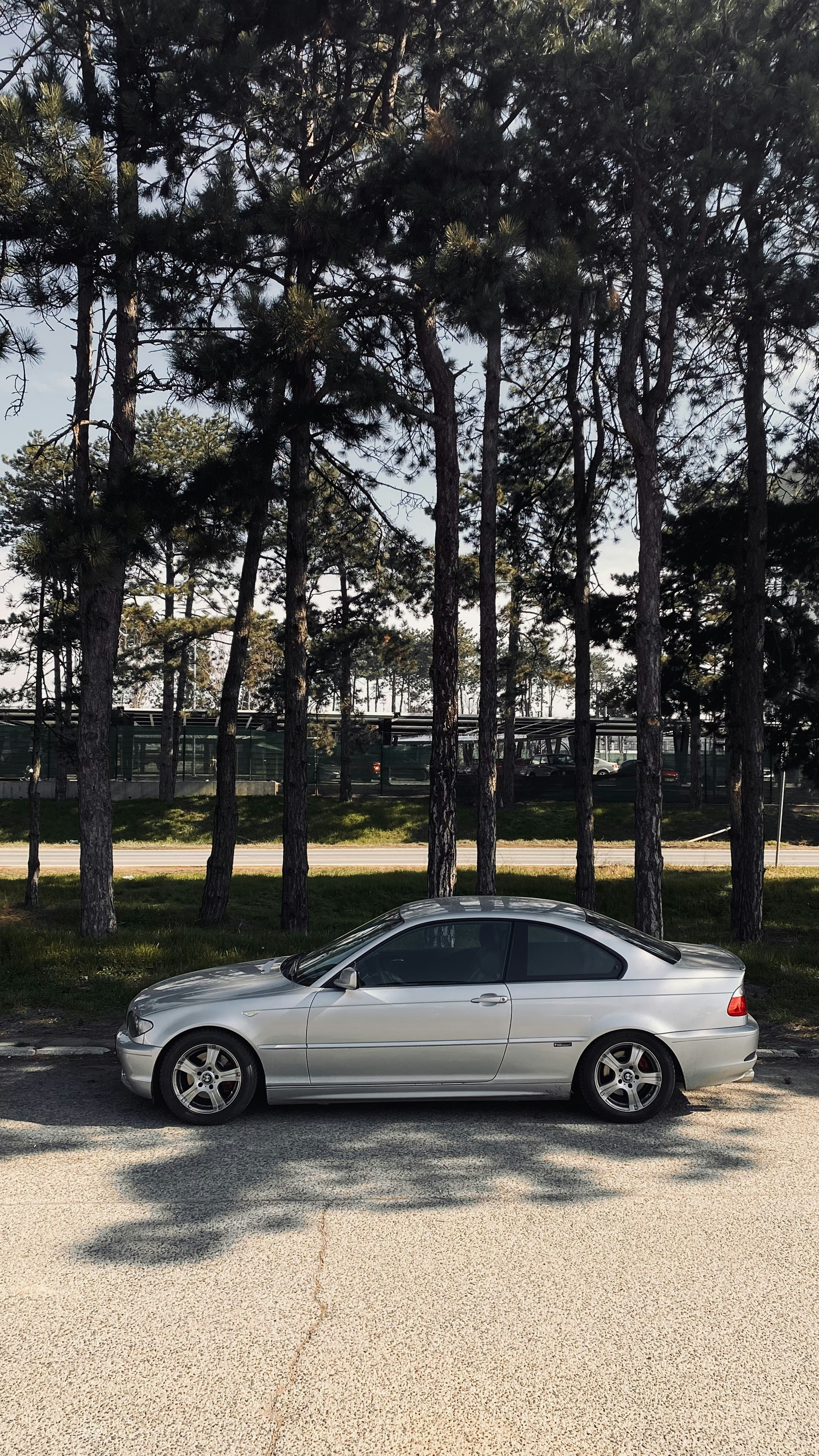 Une voiture argentée garée devant des arbres