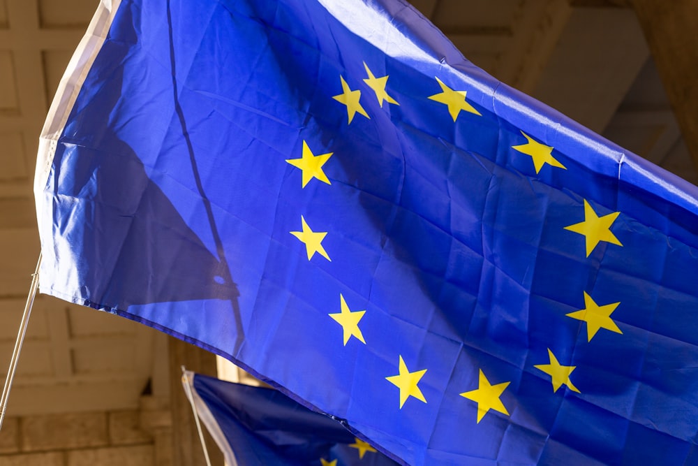 a blue and yellow flag with yellow stars on it